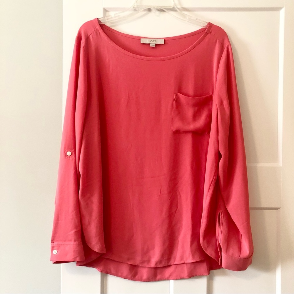LOFT Pink Boat Neck Blouse with Adjustable Sleeves Size XL